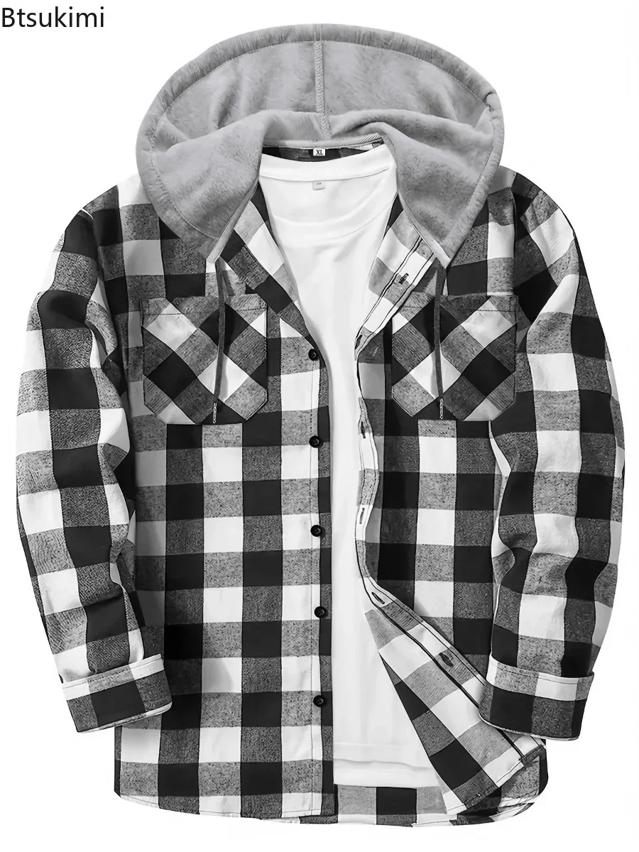 

Spring Autumn Men's Plaid Shirts Loose Casual Long Sleeves Shirt Jackets Fashion Hooded Cardigan Coats Simple Sport Tops for Men