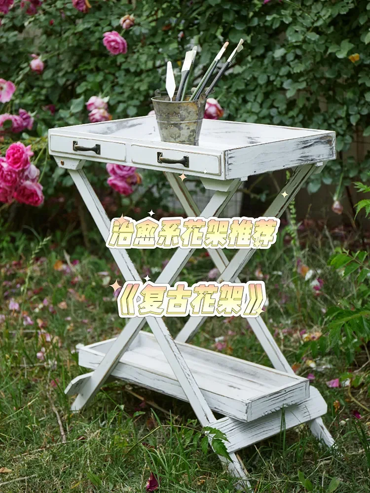 American rural retro indoor balcony solid wood flower stand shelf pastoral floor-to-ceiling double-layer outdoor flower