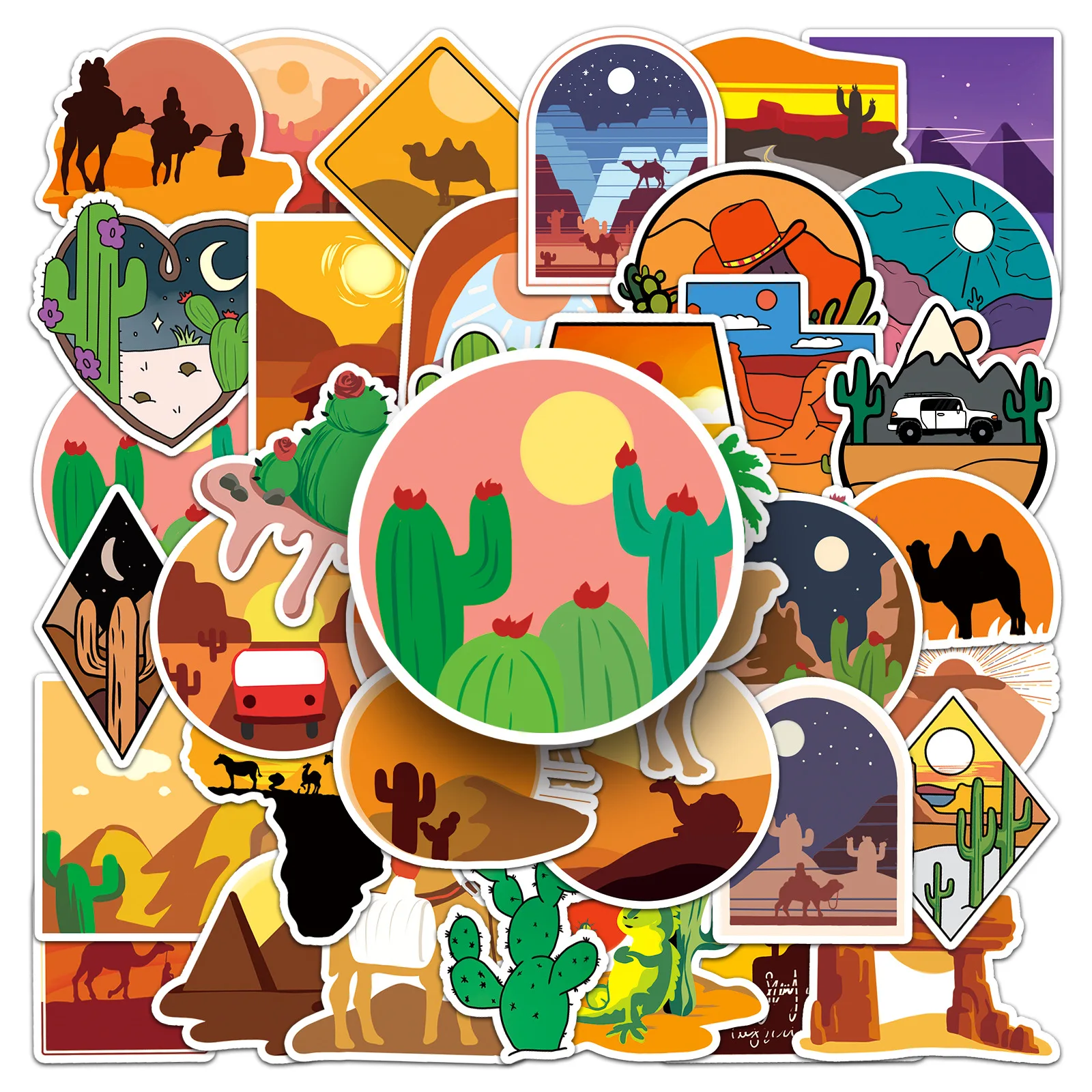 50PCS Cute Desert Sticker Set Kawaii Camel Cactus Sunset Egypt Pyramid Wild Adventure PVC Waterproof Decals for Journal Gift​ (