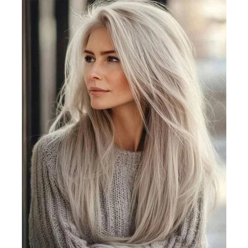 

100% Human Hair New Fashion Gorgeous Women's Long Gray Silver Wig 20 In