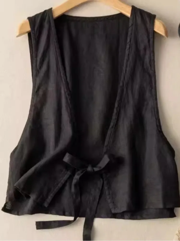 Gilet d'été en coton et lin pour femmes, petite taille, couleur, vêtements d'extérieur simples, ceinture, haut Svel, amincissant, longueur ort