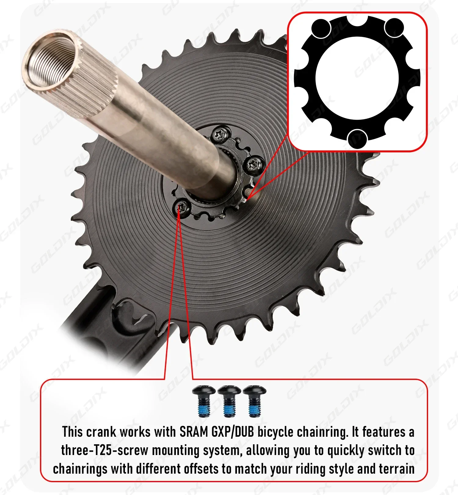 GOLDIX MTB XC Kurbelgarnitur Narrow Wide 3mm Offset AERO Kettenblatt 165/170/175mm Kurbellänge für 3-Bolzen-Direktmontage-Kurbel – Detail 8