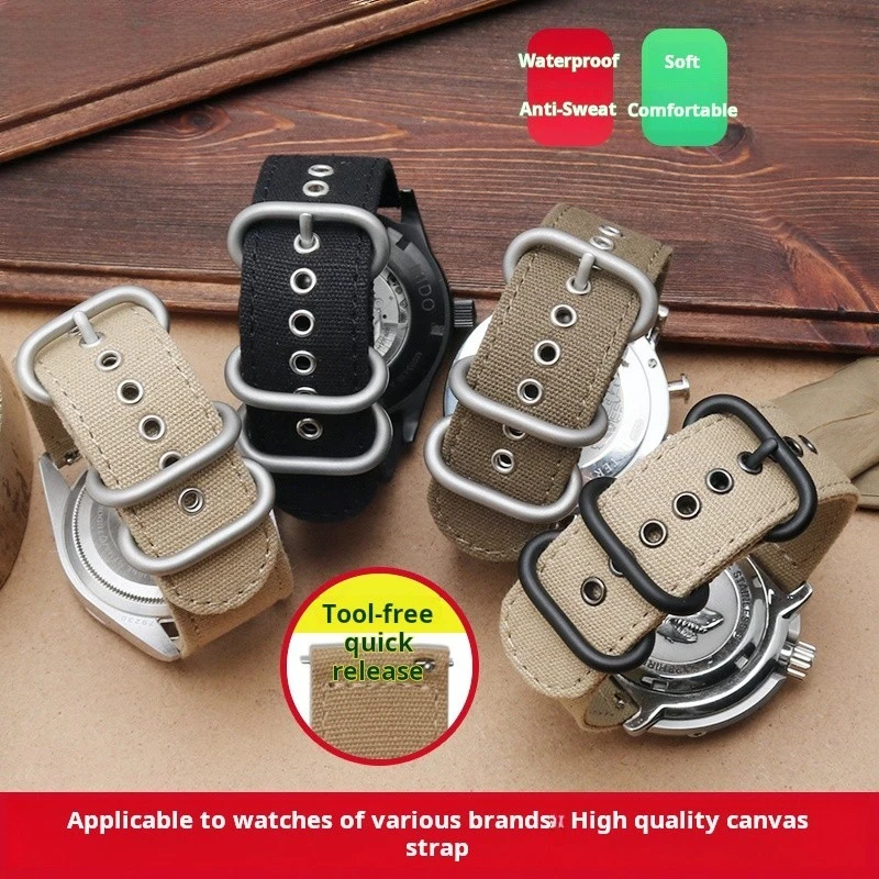 สายนาฬิกาข้อมือผ้าใบไนลอนแบบปลดออกได้อย่างรวดเร็วสำหรับผู้ชาย18 20มม. 22มม. 24มม. สีดำสีกากีสีเขียวอุปกรณ์เสริมสายนาฬิกาสำหรับกีฬากลางแจ้ง