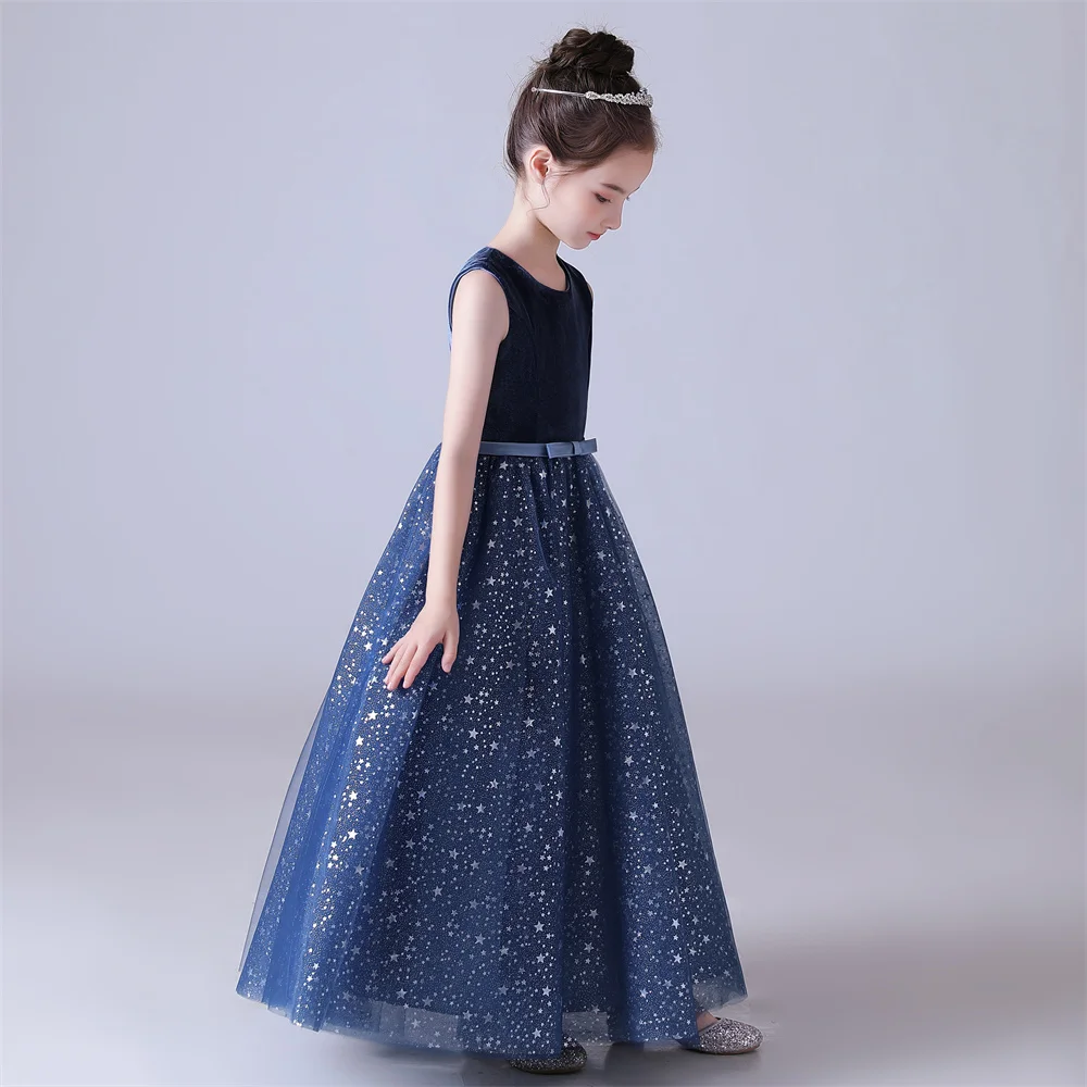 Dideyttawl Customized Navy Blue Dress For Girl Shiny Tulle Flower Girl Dresses Sleeveless Kids Birthday Formal Princess Gowns