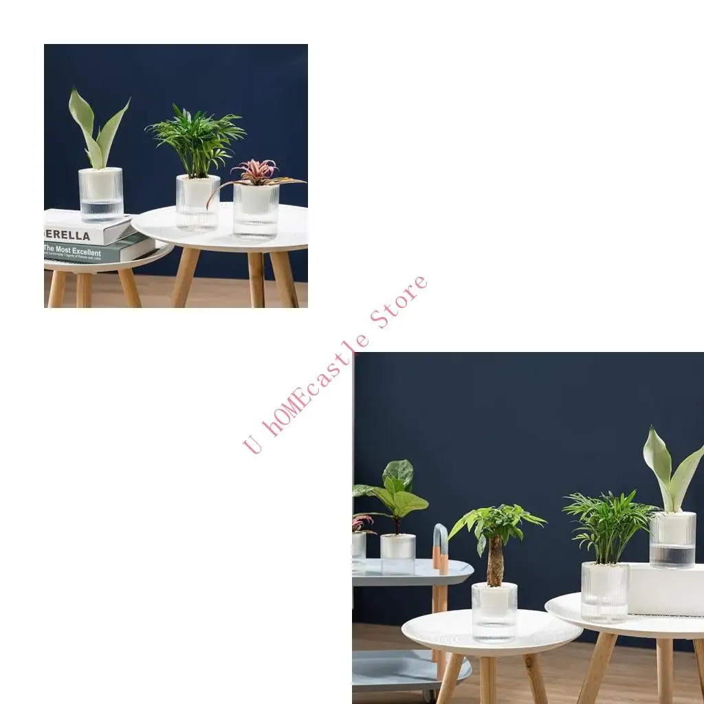 63HF Watering Plastic Plant Pot with Wick Rope Clear Water Container 2 Layer Planter Round Flowerpot Basin for Flowers