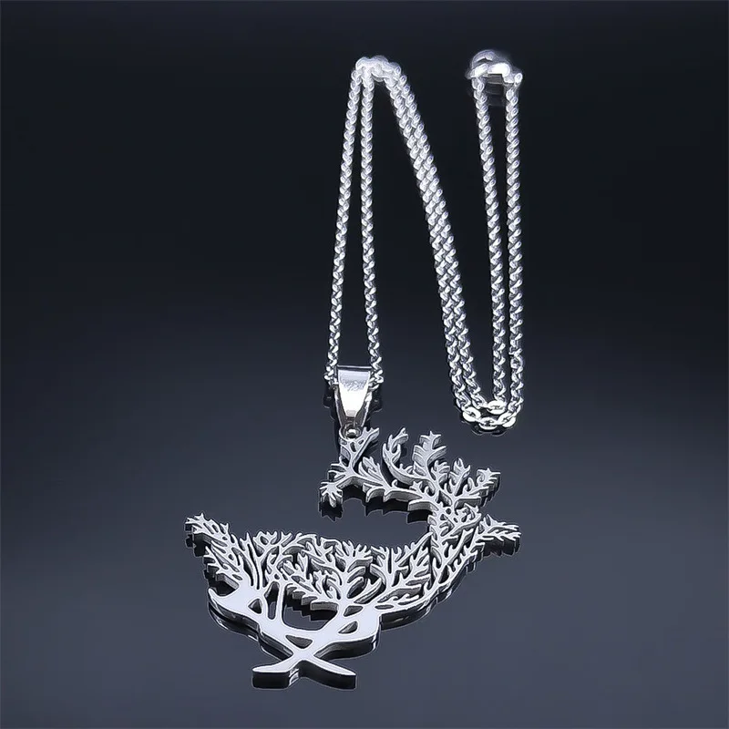 Tree of Life Snow Deer Necklace Stainless Steel Pendant Choker Neck Chain Forest Animal Jewelry for Woman Men Christmas Gift