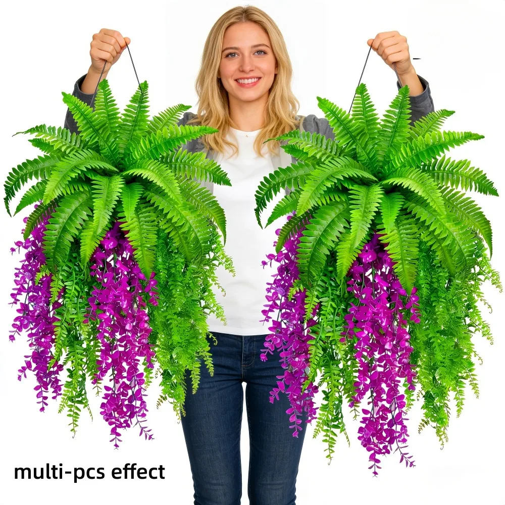 Conjunto de 5 Peças de Arranjo Floral Suspenso DIY com Samambaias Artificiais de Boston e Violetas de Grama Persa, Ideal para Decoração Moderna de Jardim