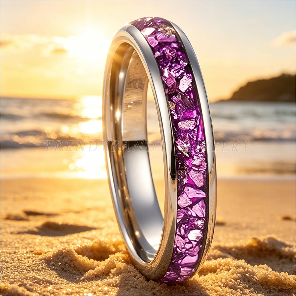 

4mm Tungsten Carbide Ring Men's and Women's Wedding Band Engagement Jewelry Purple Crystal Stone Inlaid Comfortable Fit