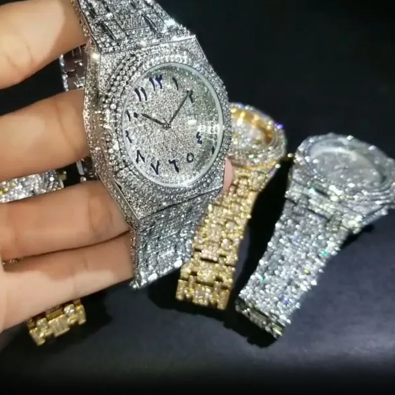 Numero arabo Iced Out orologio con diamanti pieni per uomo orologi da uomo Hip Hop orologio da polso al quarzo di lusso orologio da uomo in acciaio dorato Reloj Hombre