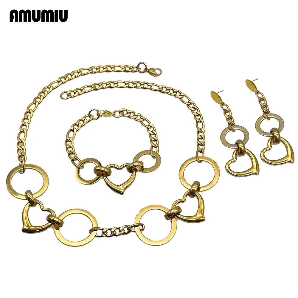 

AMUMIU Fashion Jewelry Sets For Women Round Shape Love Heart African Gold Plated Chain Wedding Jewelery Costume