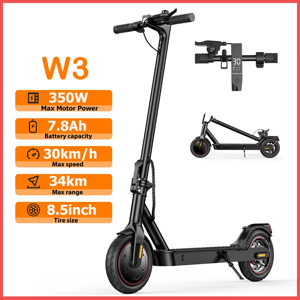 W3 Electric Scooter EU 8.5 Inch 350W Motor 36V Battery 24-34KM Range Rear Drive Pneumatic Tire Commuter Scooter Rear Hub Brake E Brake