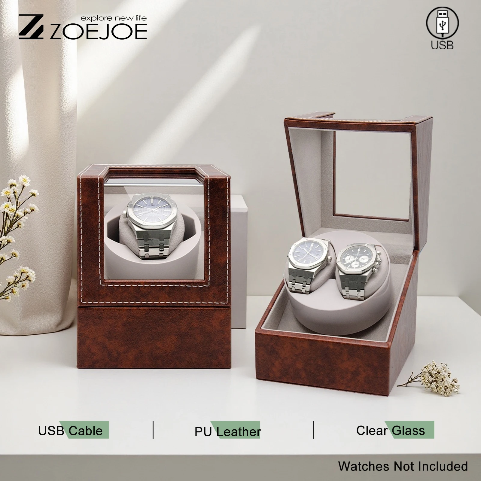 

Автоматический механизм для подзавода часов ZOEJOE, из искусственной кожи, с питанием от USB, бесшумный мотор, прозрачное окно для просмотра, коробка для хранения одного/двух часов