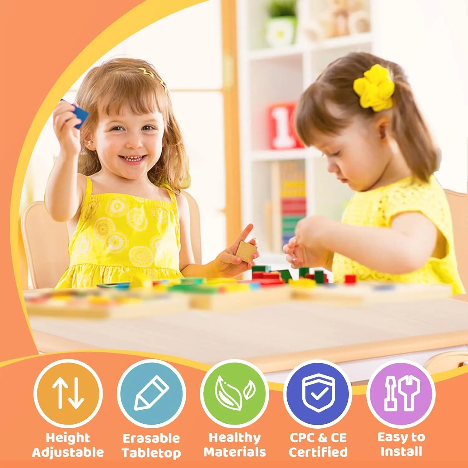 Kids Table and 2 Chairs Set, Height Adjustable Toddler Table and Chair Set for Ages 3-8, Easy to Wipe Arts & Crafts Table, for C