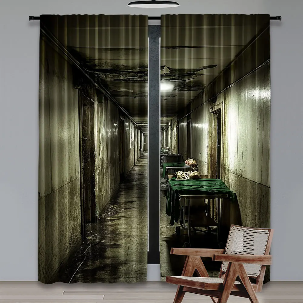 2Pcs Abandoned Hospital Curtain Gloomy Psychiatric Hospital Corridor Dark Room Horrible Halloween Party Decorations Window