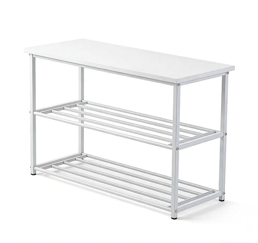 #￥Modern Style Two-Shelf Iron & Wooden Shoe Storage Stool for Home Furniture Living Room Shoe Rack Shoe Storage Organizer