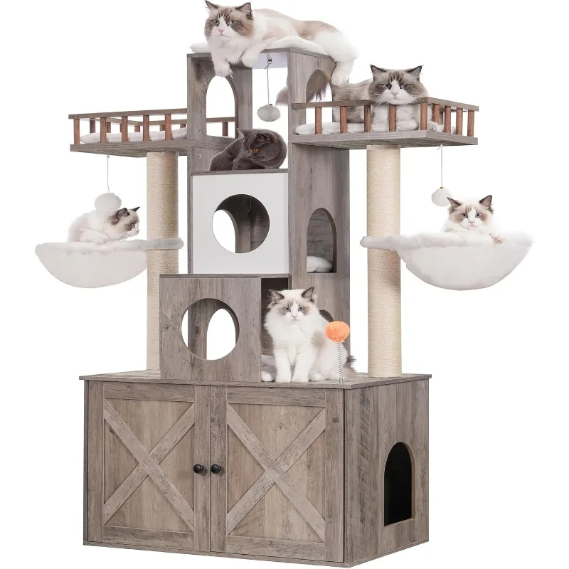 

Cat Tree with Litter Box Enclosure,for Large Cats 20 lbs Heavy Duty,Modern Cat Condo Furniture with Scratching Posts,Rustic Gray