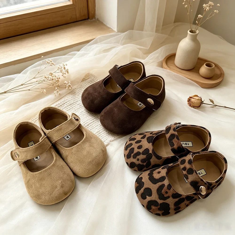 Little Girls Faux Suede Mary Jane Shoes, Solid & Leopard Print Hook‑and‑Loop Soft Flat Casual Dress Shoes
