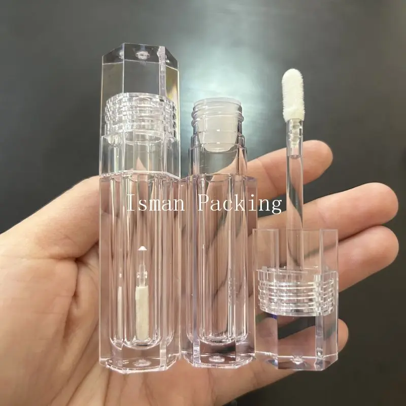 50 szt. pustych, unikatowych sześciokątnych, przezroczystych kryształowych flakoników na błyszczyk do ust, pojemniki na grube płynne szminki z pędzelkiem, 5 ml