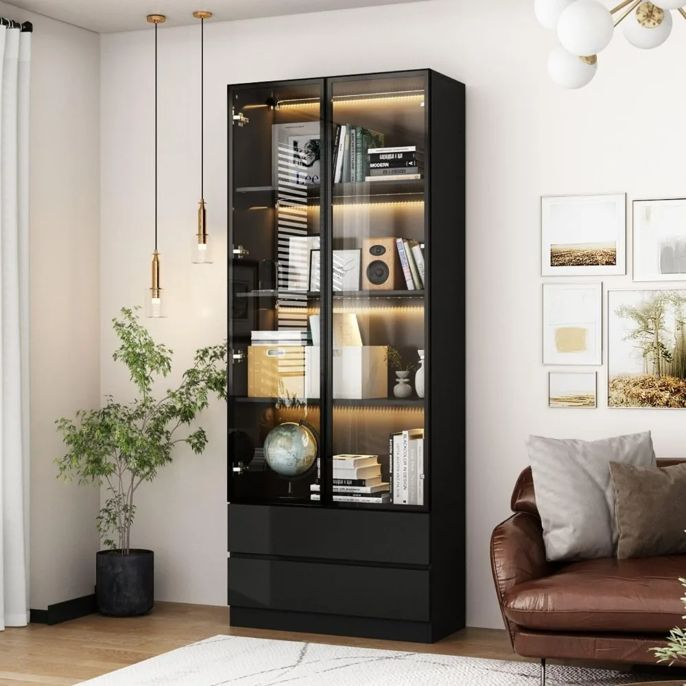 Display Cabinet, with 2 Glass Doors and Lights, Display Case Cabinet with 4-Tier Storage Shelves and 2 Drawers, Pop-up Design