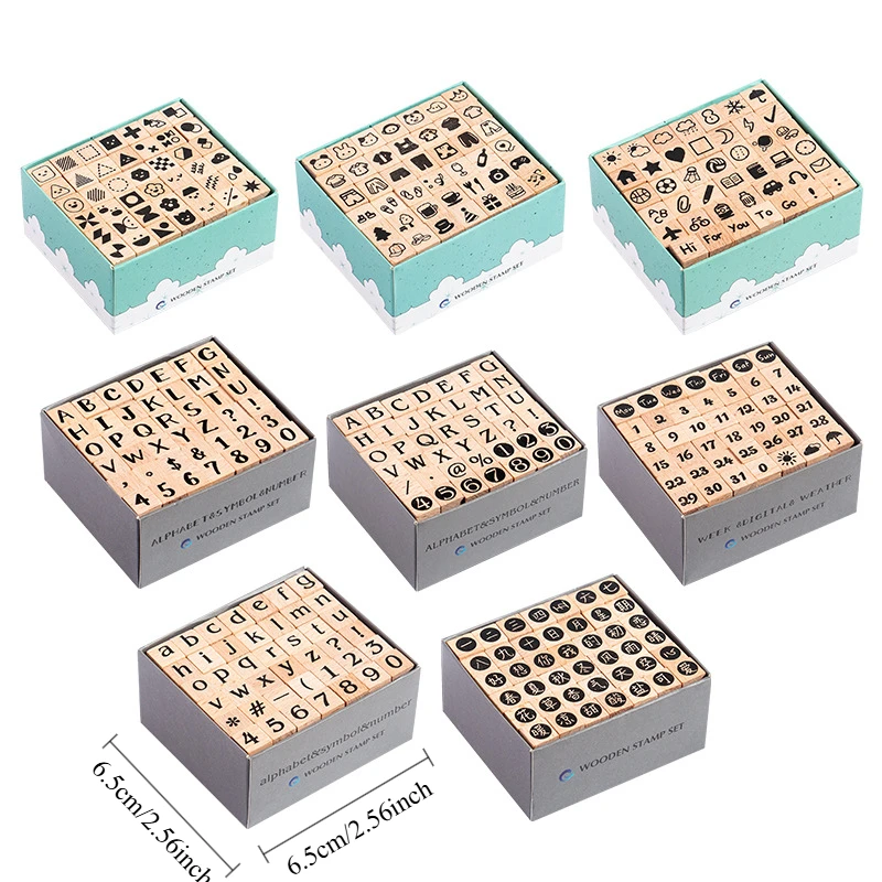 ختم خشبي فردي مكون من 42 قطعة مع أرقام وحروف شخصيات هندسية تعبيرات صغيرة أختام كتيب سلسلة الحفلات السعيدة 8 أنواع