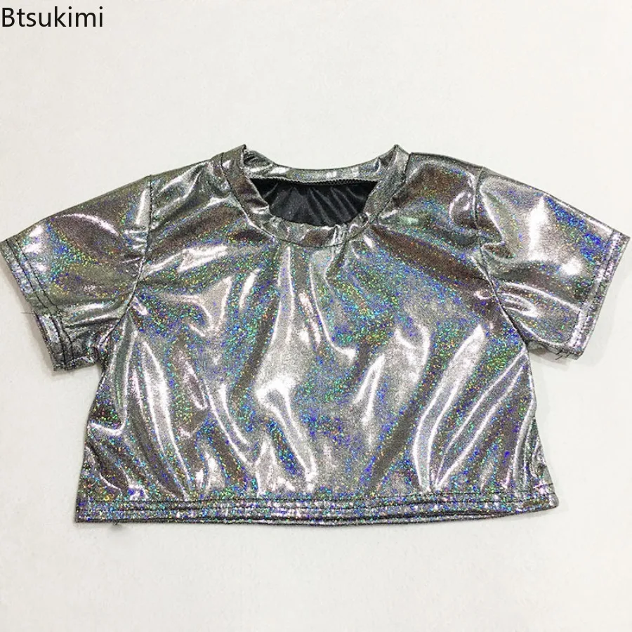 Children's Performance Costume Hip Hop Dance Tops Girl Boy Metallic Crop Top Shiny T-shirt Short Sleeve Jazz Clothing Costume