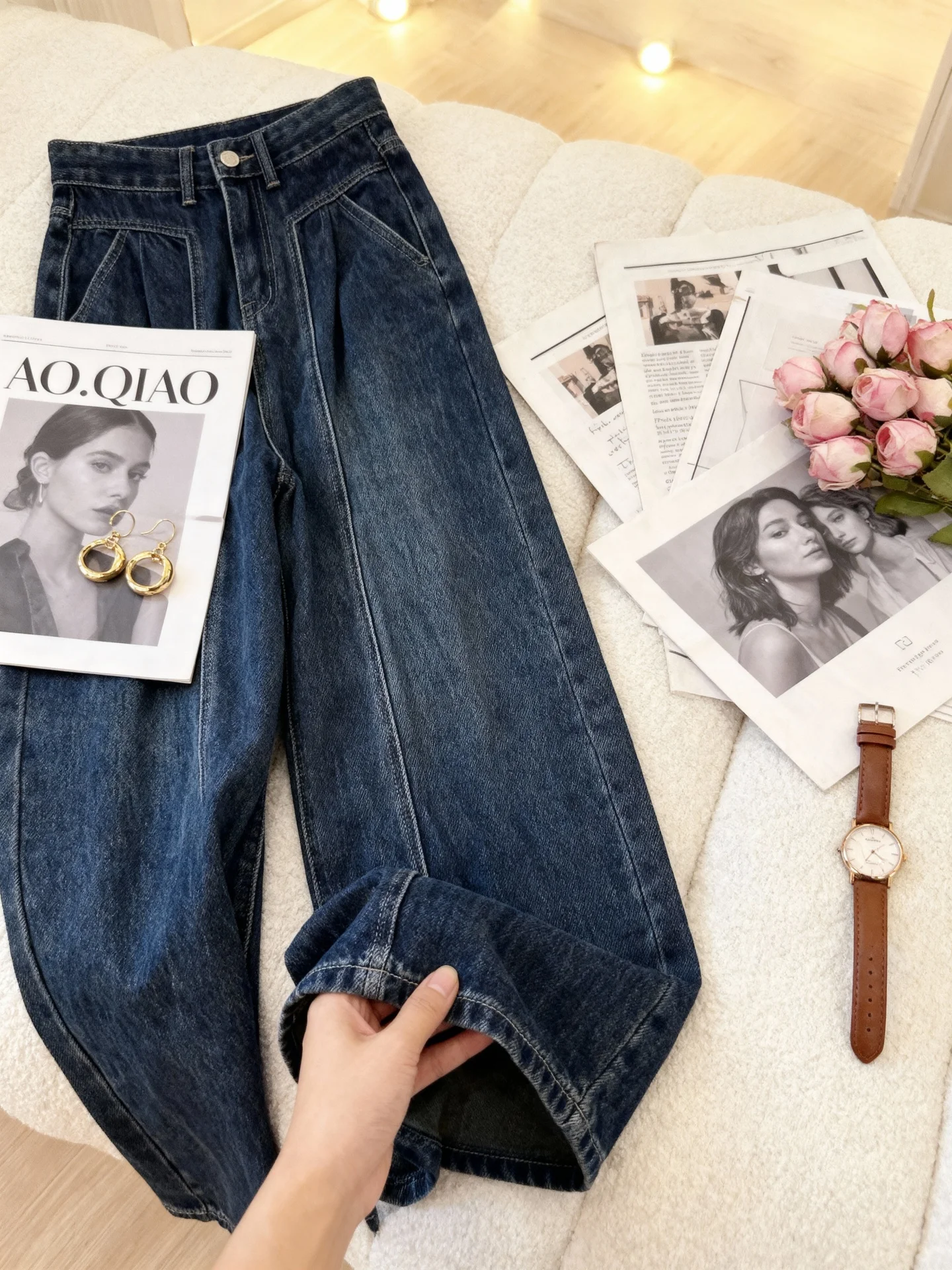 プラスサイズ 裏起毛デニムジーンズ ハイウエスト ワイドレッグパンツ レディース 秋冬 ゆったりフィット 着痩せ効果 ストレートレッグパンツ...