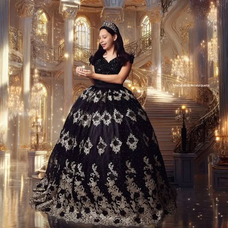 Shiny Black Quinceanera Dresses off-shoulder Glitter Decal Lace Crystal Long tail Vestido De 15 Quinceanera Customize