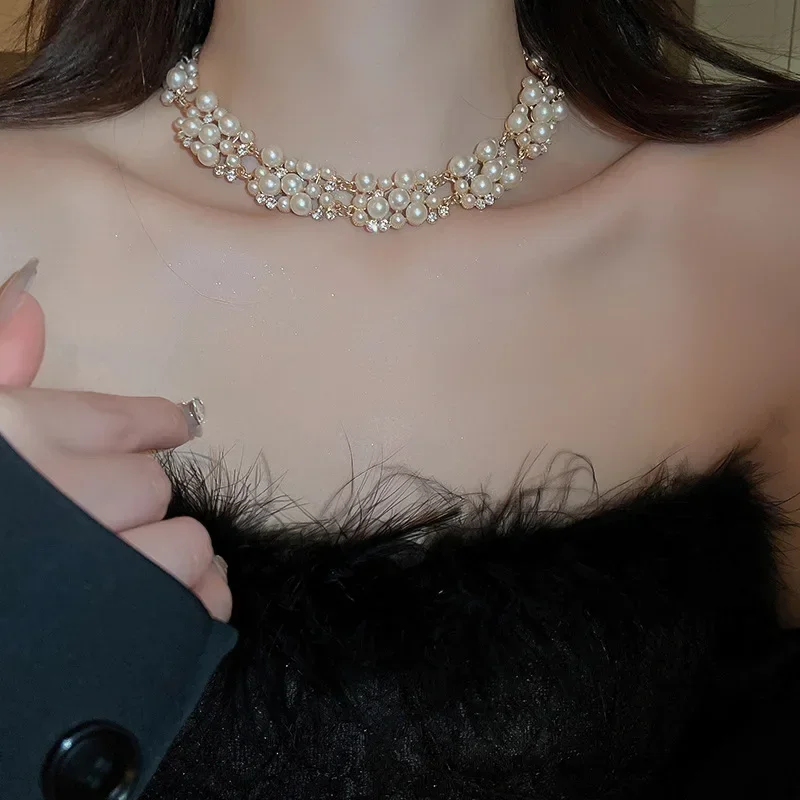 DREJEW 3 Pcs Rhinestone Pearl Earrings Necklace Set Two-piece Vintage Choker Accessory Fashion Jewelry Sets for Women Wedding