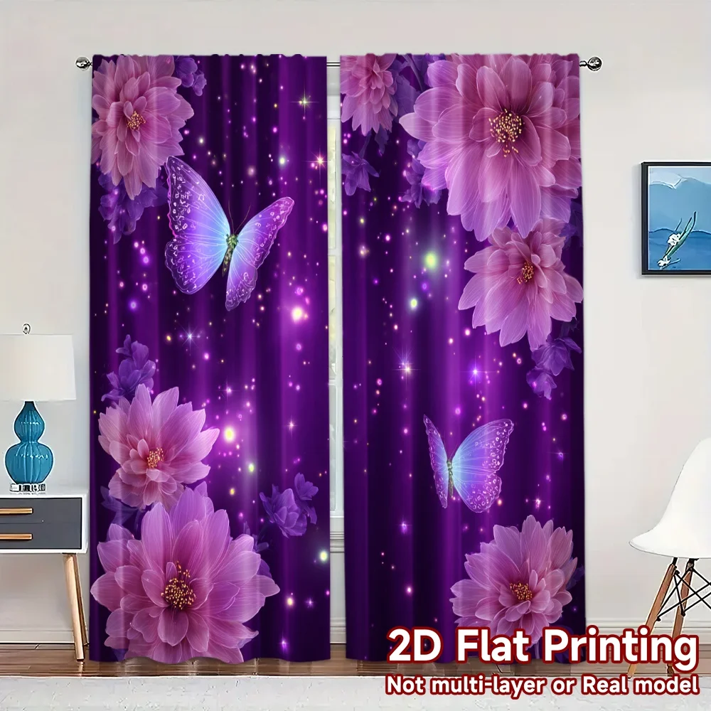 2D Flat Printing,JIT 2pcs, Curtains (Without Rod) Butterfly Bliss Pattern Modern Curtains Versatile Polyester Fabric Curtains