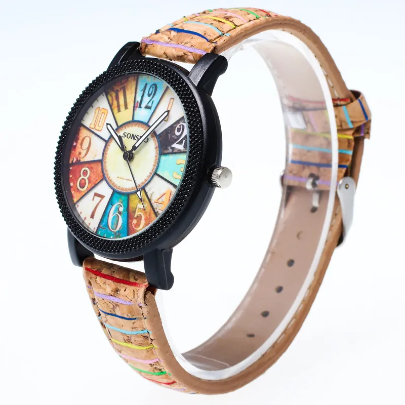 Reloj de Flores de alta calidad para hombre y mujer, cronógrafo de cuero de grano de madera, de cuarzo, deportivo, Vintage, grafiti, elegante