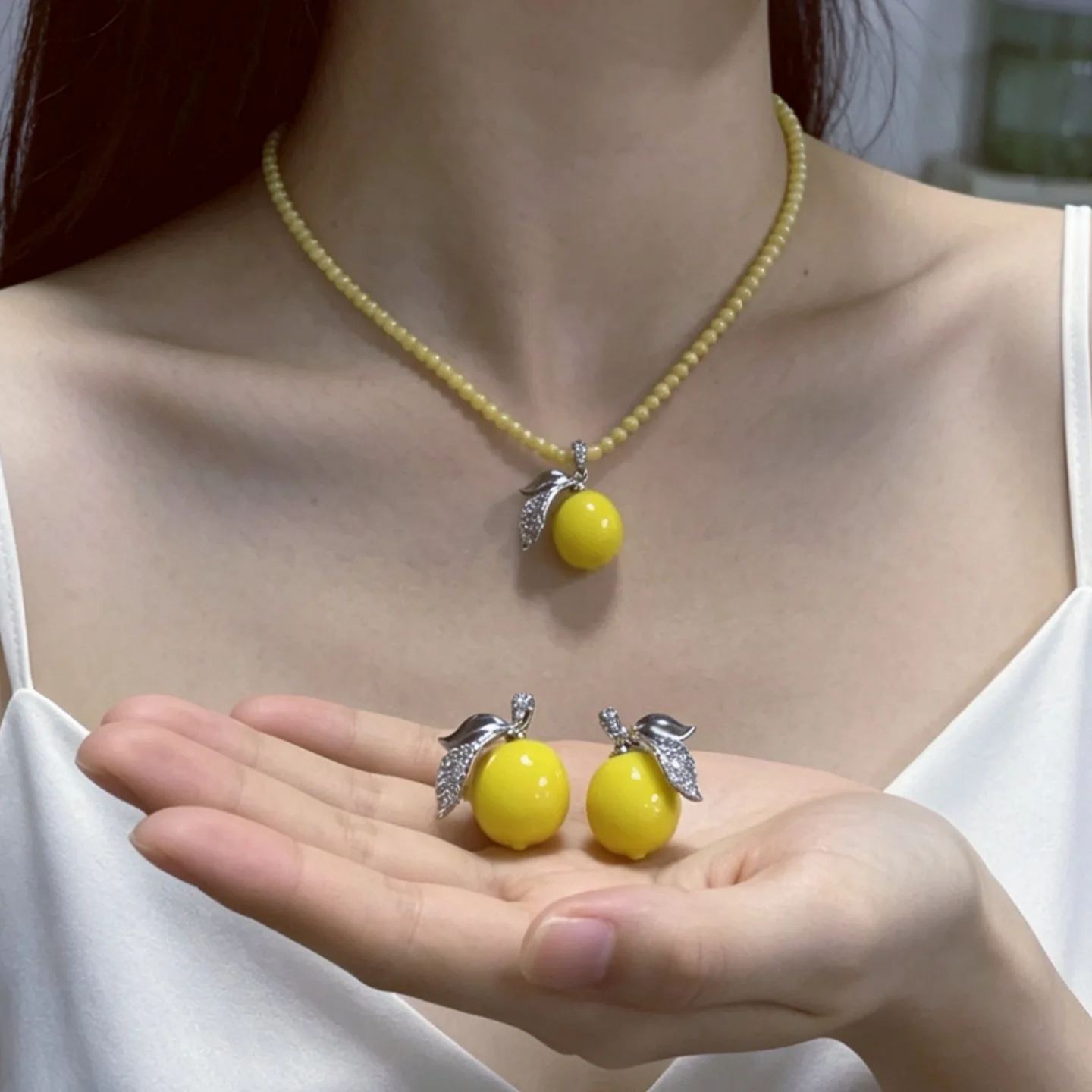 Summer Lemon Jewelry Set Micro Zircon Leaf Pendant Necklace Stud Earrings Cute Sweet Choker Clavicle Chain Party Jewelry Set