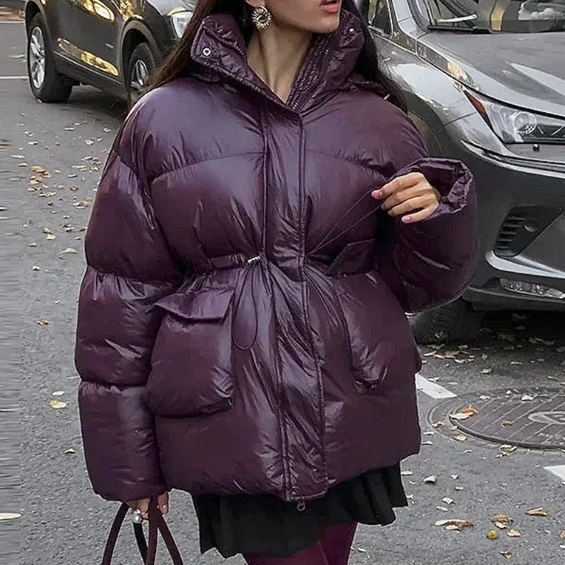 

Fashion Burgundy Women Winter Hooded Cotton Jacket Vintage Solid Stand Collar Short Coat 2025 New Lady Commute Street Outerwears
