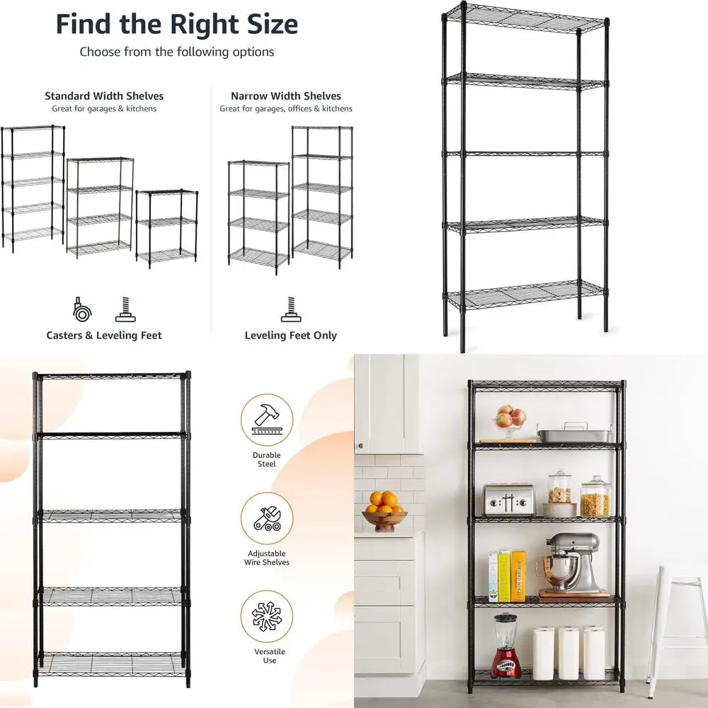 

Adjustable Heavy-Duty Steel Wire Shelving, 36 x 14 x 72, Black for Kitchen, Garage Storage Organizer