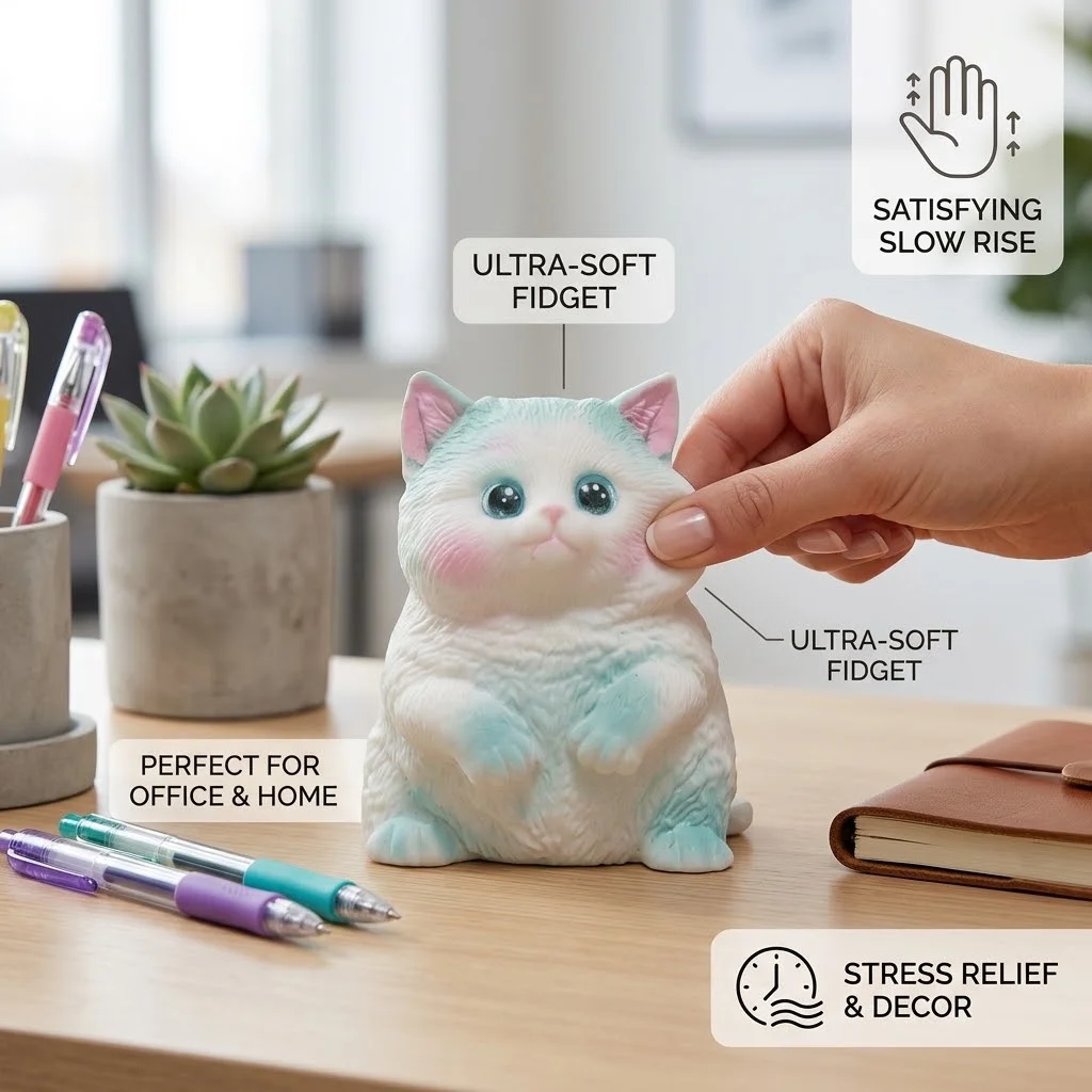 Cute Cat Squeeze Toy, Pastel Blue Kitty Squishy, Kawaii Sensory Fidget, Stress Relief Squish, Soft Desk Companion