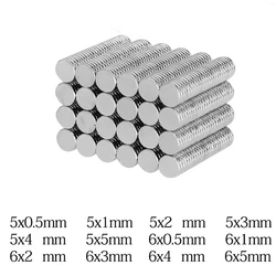 Mini aimants circulaires puissants en néodyme, disque magnétique NdFeB en continu, 5x1mm, 6x2, 5x3, 6x0.5, 5x4, 5x5, 6x3