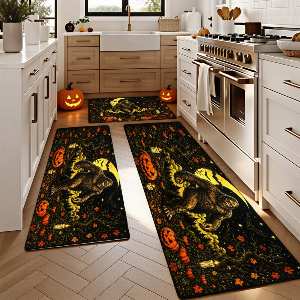 1/2/3pcs Kitchen Rugs, Welcome Door Mat Set, Home Halloween Decoration for Front Door, Kitchen, Bathroom, Halloween Witch Flying On Broomstick with Pumpkins And Leaves Dining Mat, Housewarming Party Gift.
