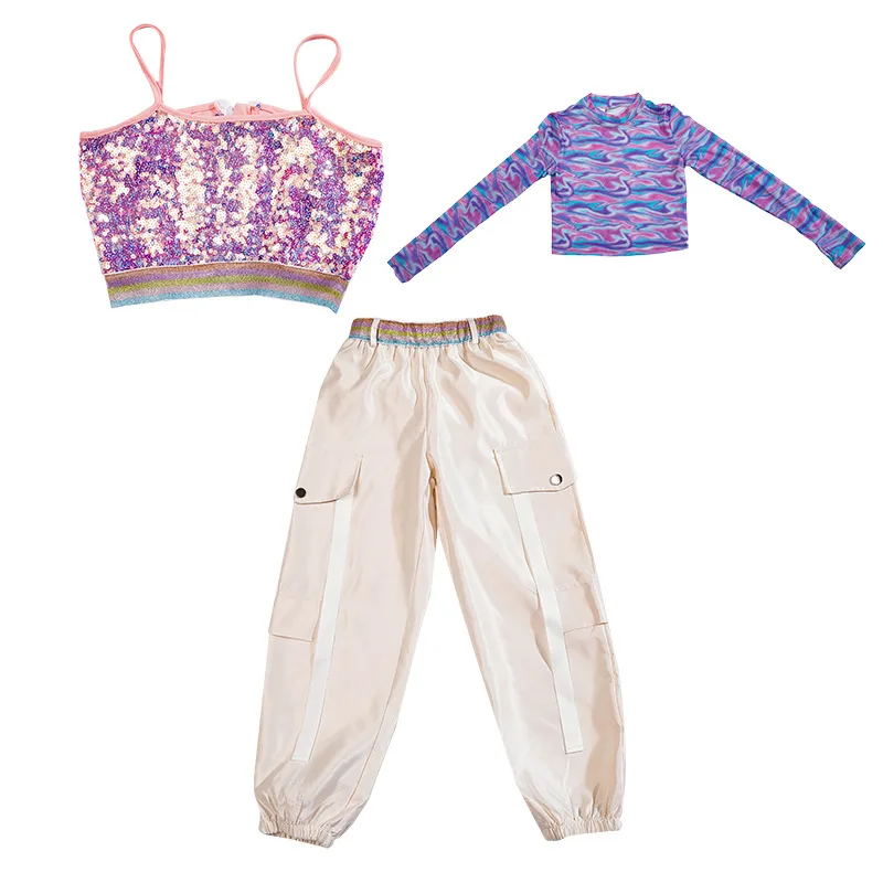 Mädchen Rosa Crop Top Pailletten Leibchen Jogger Hose Kind Hip Hop Kleidung Set Kind Street Dance Kostüm Mädchen Jazz Modern Dance Anzug
