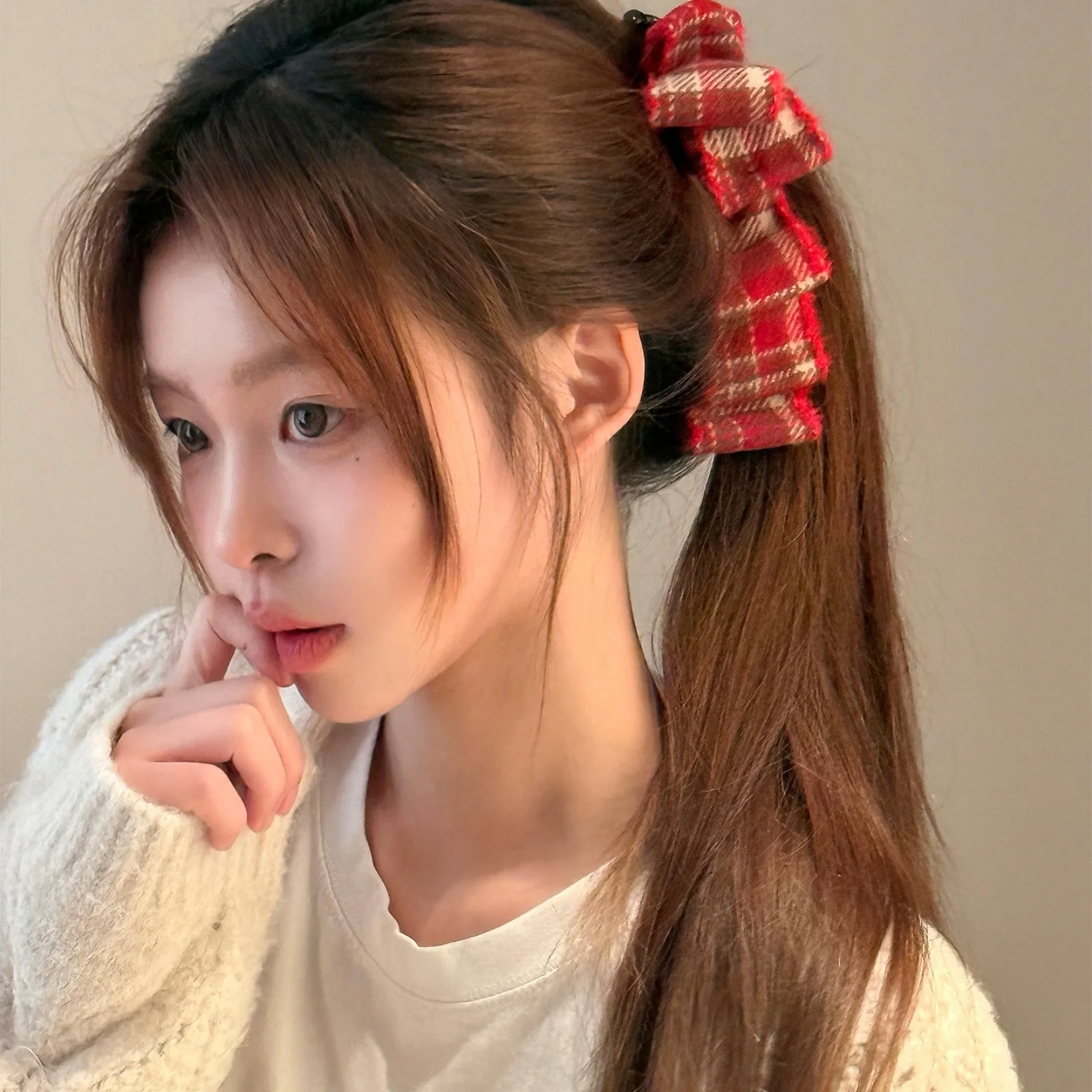 

1PC Red Plaid Woolen Bow Banana Clip, Women's Ponytail Vertical Hair Accessory, Elegant Style for New Year