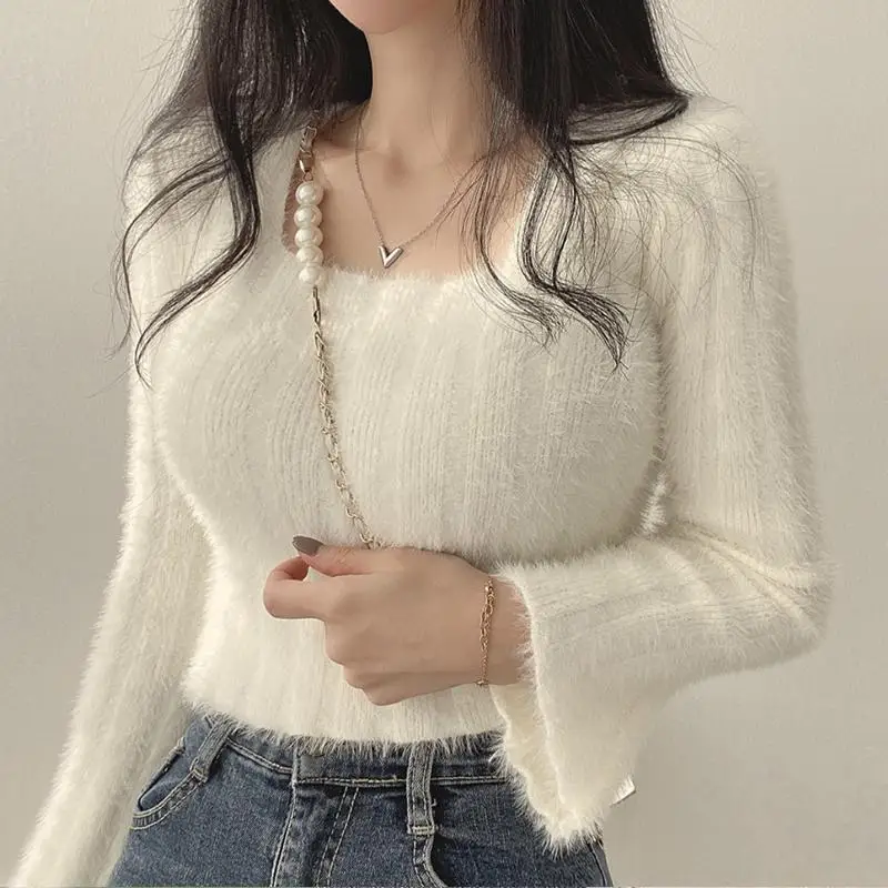 

Свитер с квадратным вырезом, женский стиль Pure Desire, короткий вязаный свитер, темпераментный облегающий топ с внутренней стороны, осень и зима