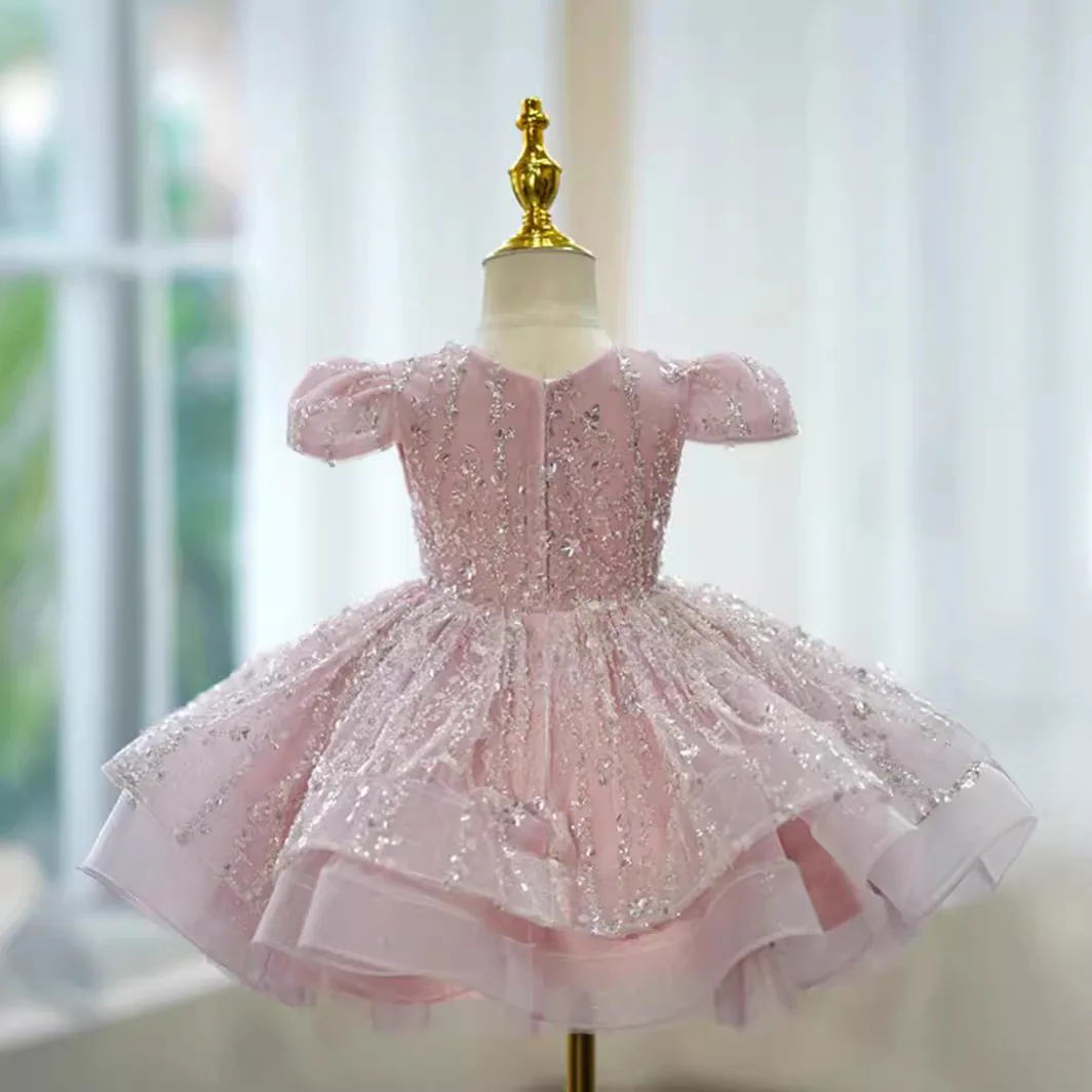 Flower Girl Dress Scoop Neck Cap Sleeve Kid Birthday Party Tutu Dress Girl Graduation Dinner Dress