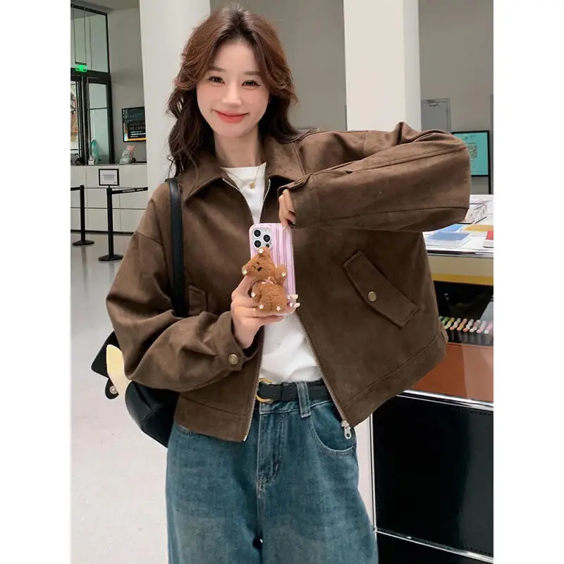 فتاة براون سترة جلدية معطف حسن المظهر الترفيه ربيع الخريف قليل نمط قصير قاطرة القمم سترة أنيقة تحمل شعار لعبة البيسبول بالجملة #4