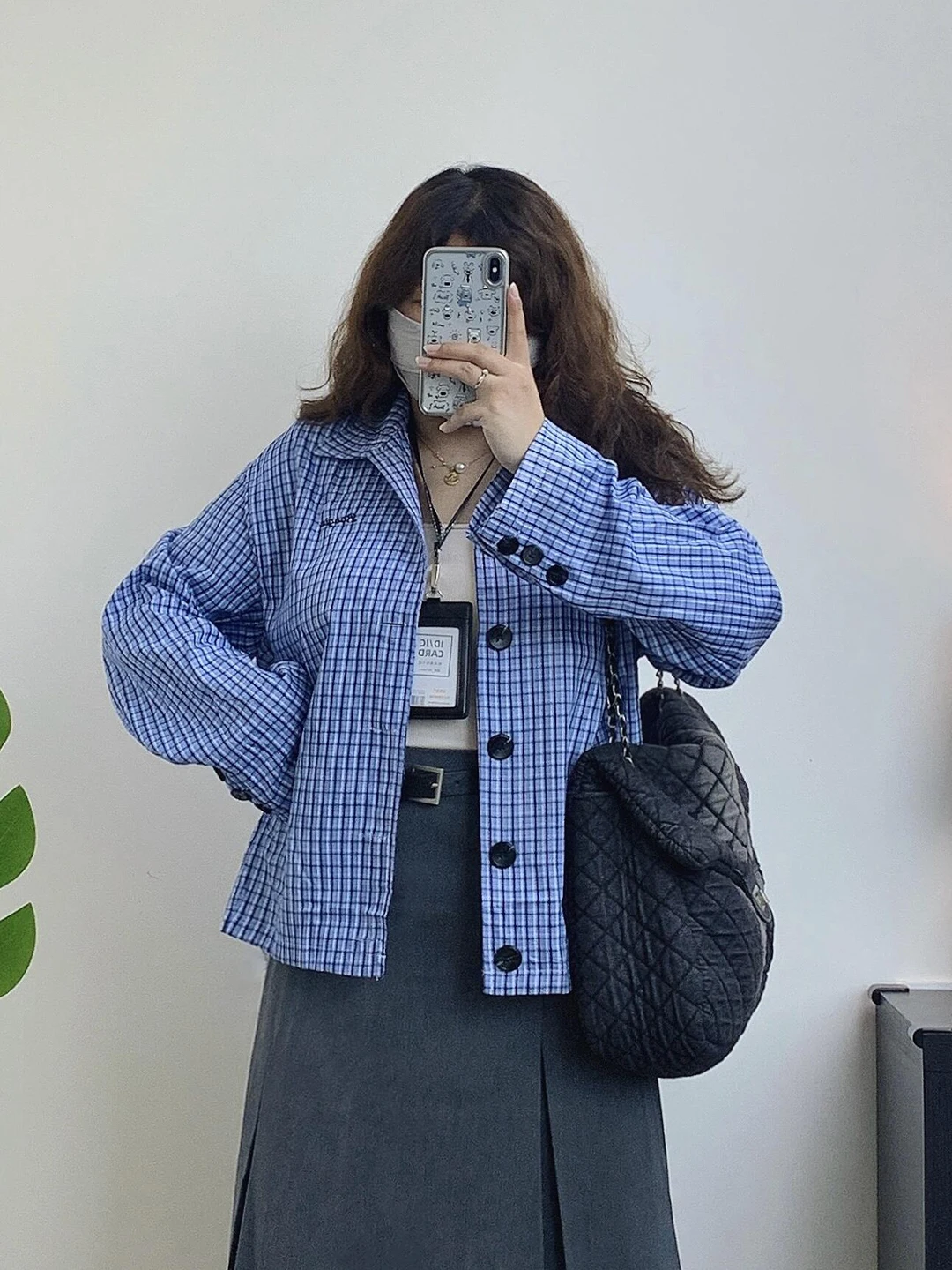 

Ladies' Casual Style Long Sleeve Neck Shirt Loose Fit Slimming Effect Embroidered Plaid Lazy Style Top Summer New Arrival