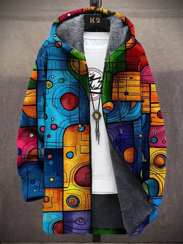 Men's Abstract Geometric Shapes Colorful Graphics Art Print Hooded Trench Coat Hoodies Fleece Lined Zipper Coats