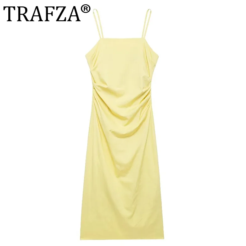 

TRAFZA 2024 Woman Fashion Drop Mid Length Dress Casual Slim Sleeveless Backless Ruched Midi Long Dresses Vestidos Mujer Y2k