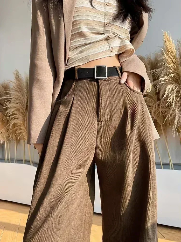 Pantalones elegantes de pierna ancha para mujer, pantalón holgado de longitud completa con terciopelo, otoño e invierno, 2024