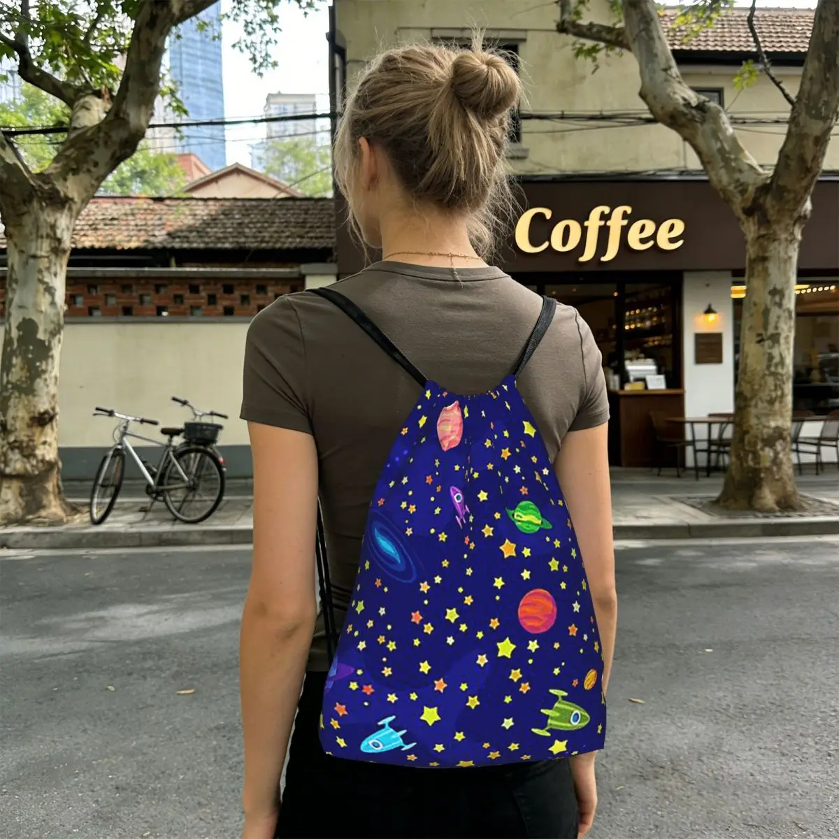Starry Sky Space Galaxy Sun Moon Backpacks Casual Drawstring Bundle Pocket Sports Bag Book Bags for Man Woman School