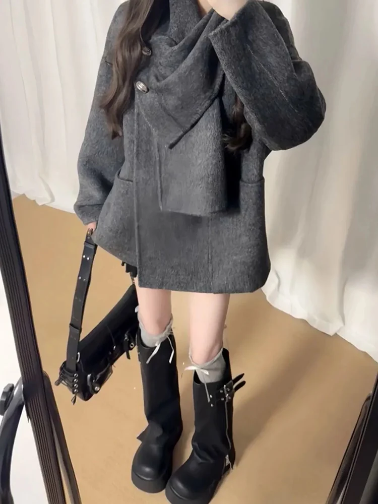

ay Woolen Scarf Korean Sle Loose ort Women's Coat Winter Faion Ele Feel New Arrival 2025 Polyester Fiber
