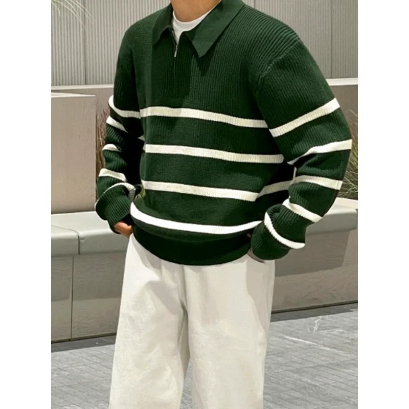 

Men's Winter Autumn Half Zip Stand Collar Striped Sweater High End Loose Casual Lazy Stylish Thickened Knitted Top