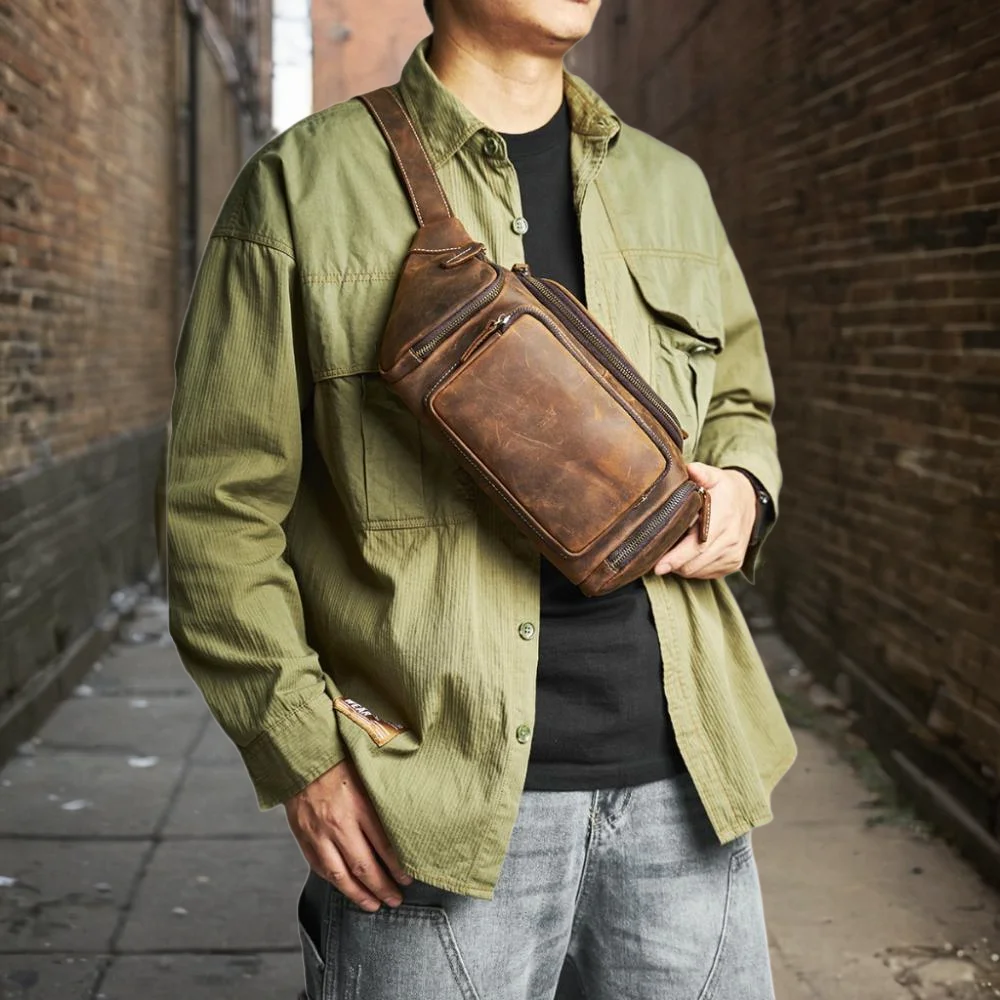 Nupugoo Leder Hüft tasche Herren Retro Cross body lässige Brusttasche multifunktion ale verrückte Pferd Ledertasche – Detail 3