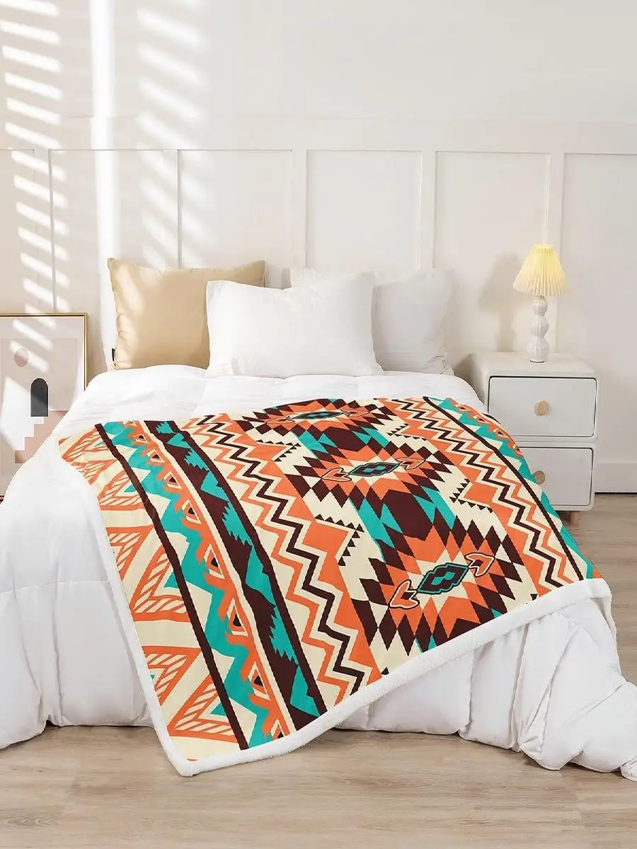 Western Boho Aztec Throw Blanket Plush Sherpa Southwestern Cowgirl Decor Ethnic Arrow Design for Bed Sofa Kids Bedroom Queen x I